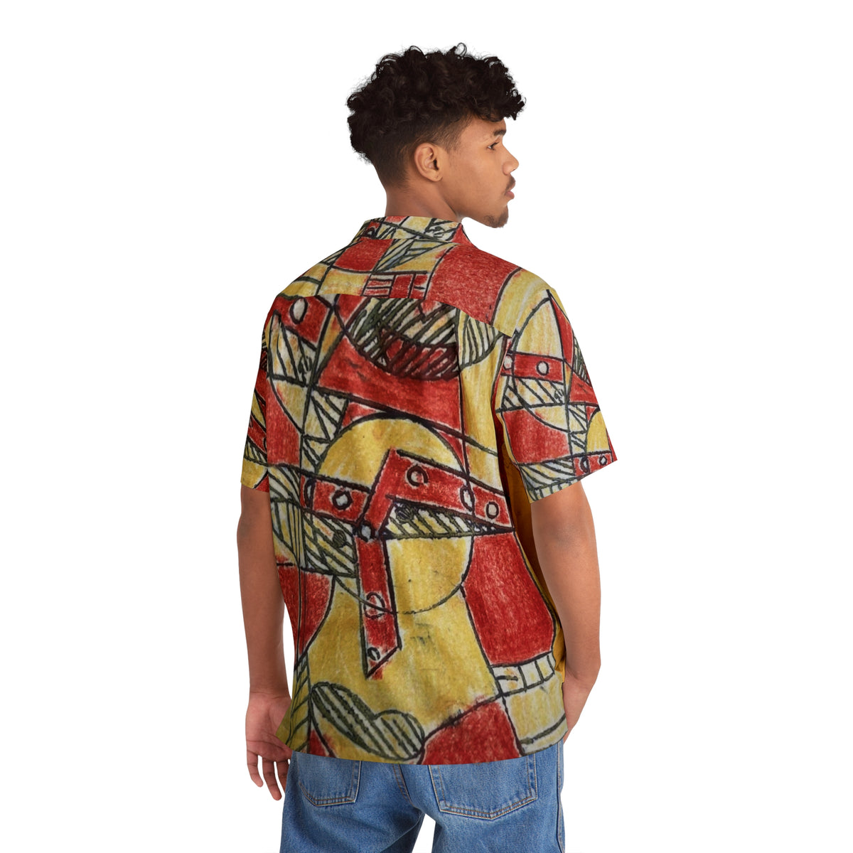 Abstract Golden Yellow & Red Geometric Hawaiian Shirt