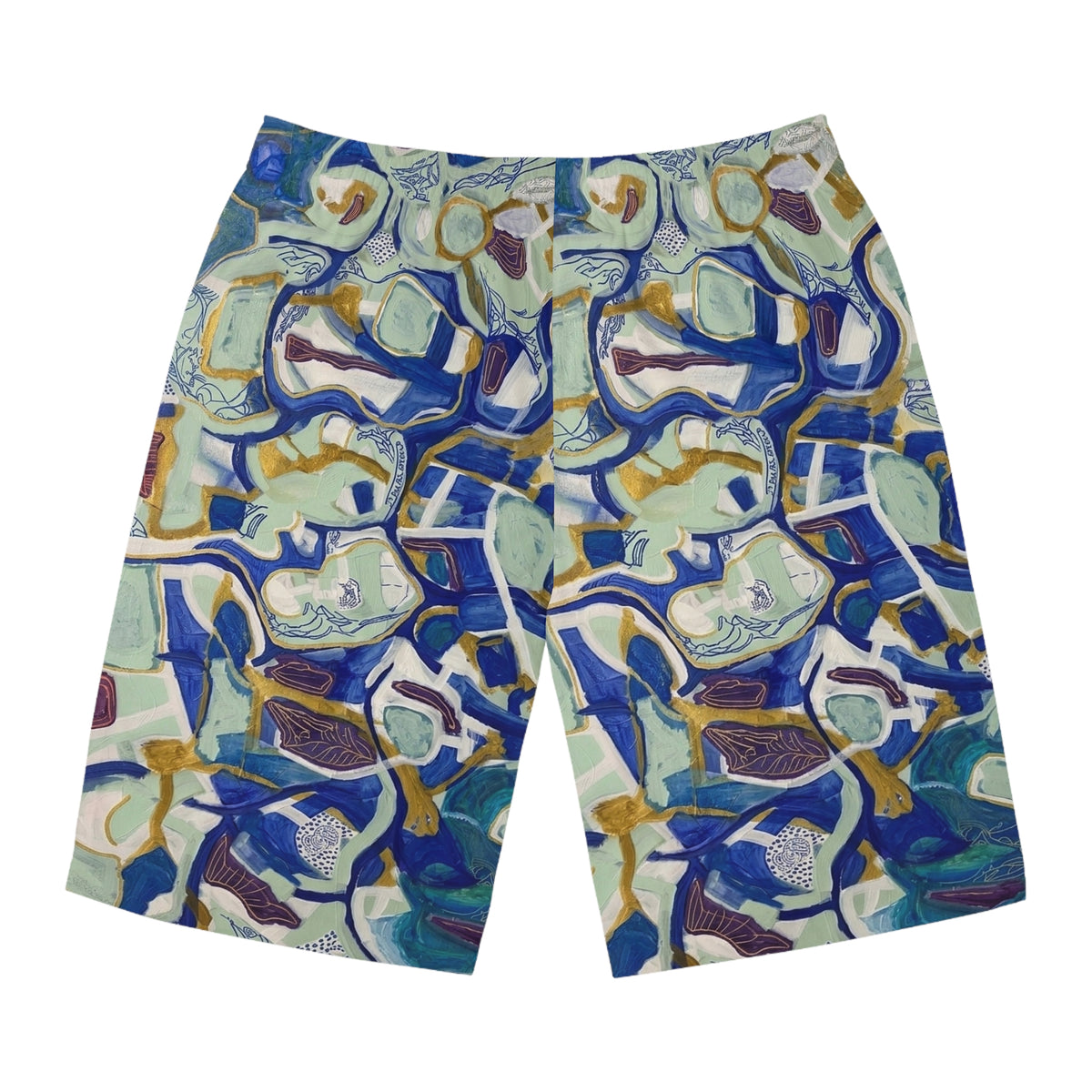 Abstract Blue Mosaic Board Shorts — Men’s Artistic All-Over Print Swim Trunks