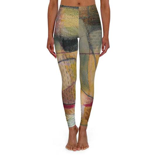 A model from the waist down wearing high-waisted leggings with an abstract, textured brushstroke pattern in muted yellow, green, gray, and pink tones, set against a plain white background.