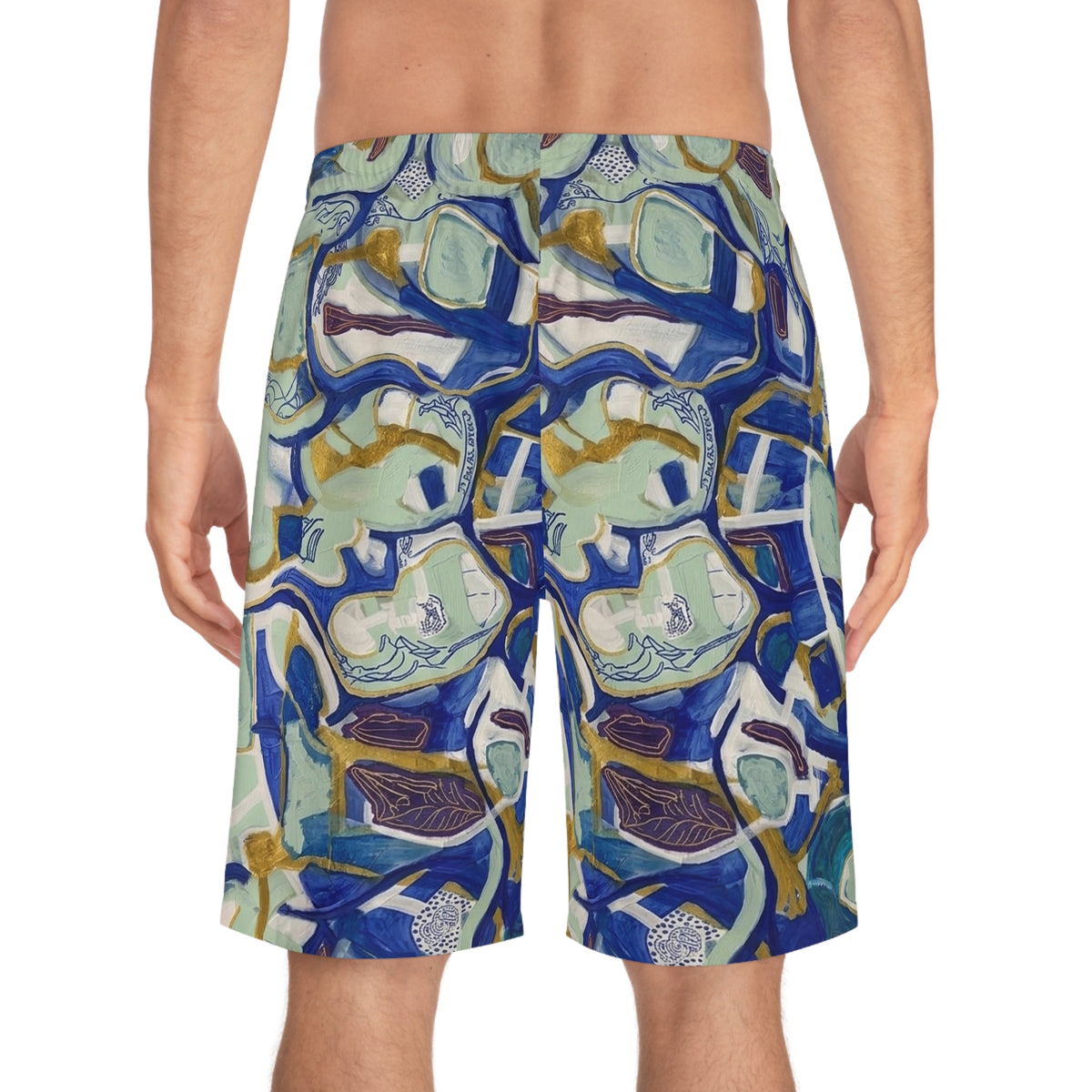 Abstract Blue Mosaic Board Shorts — Men’s Artistic All-Over Print Swim Trunks