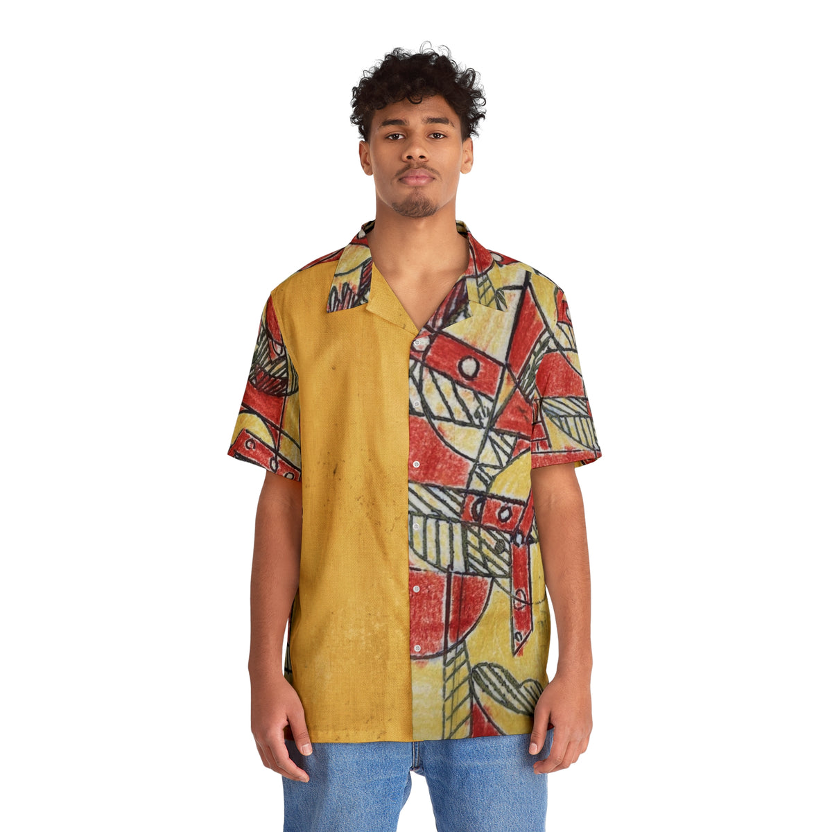 Abstract Golden Yellow & Red Geometric Hawaiian Shirt