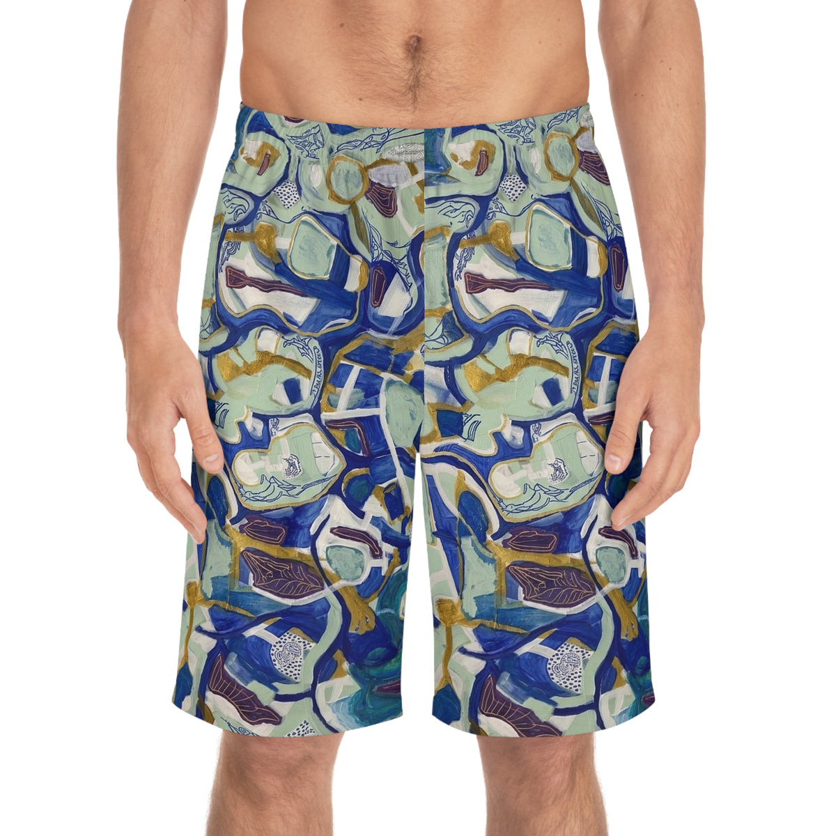 Abstract Blue Mosaic Board Shorts — Men’s Artistic All-Over Print Swim Trunks