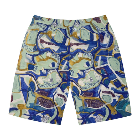 Abstract Blue Mosaic Board Shorts — Men’s Artistic All-Over Print Swim Trunks