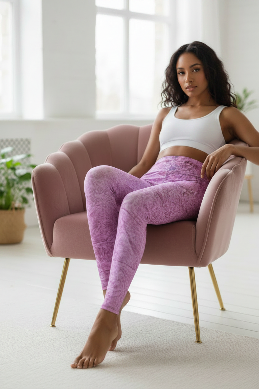 Rose Ripple Leggings lifestyle — full body, pink velvet chair